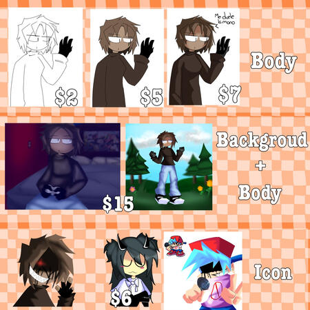Aqui estan los precios de lo que hago como podria ser solo el personaje, el personaje con un fondo, y una foto de perfil